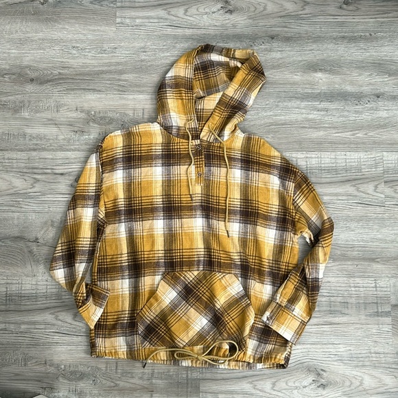 Kori America Flannel Half Button Pullover Yellow/Brown Sz L - Picture 1 of 9